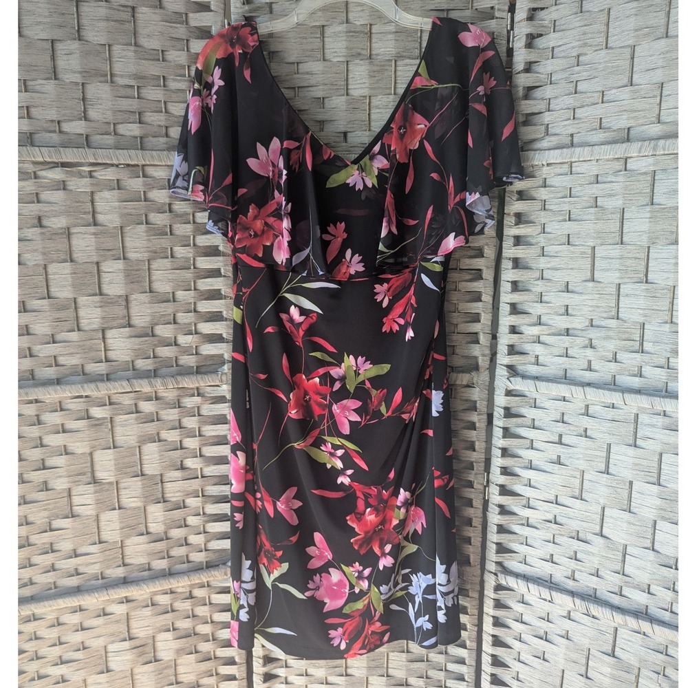 Black Red Floral Ruffle Flutter Sleeve Mini Shift Dress NEW Sz 14P Whimsigoth